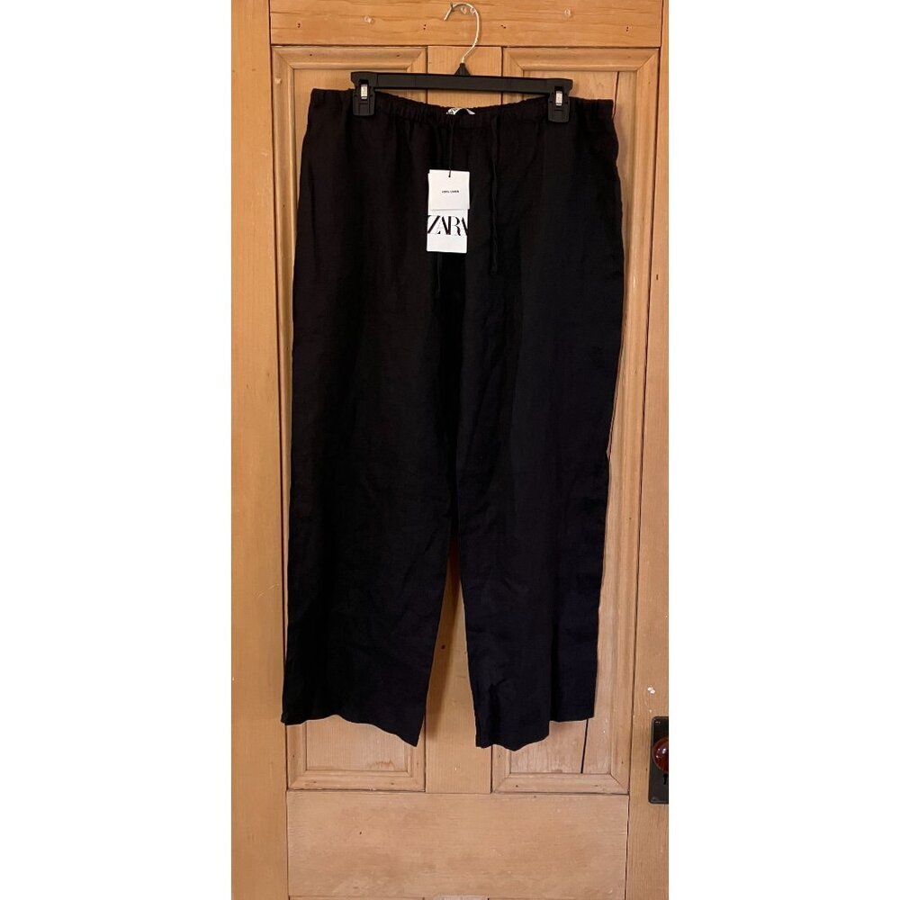 Zara Womens 100% Linen Wide Leg Drawstring Pockets Pants Size XL Black SP NWT - Picture 3 of 12